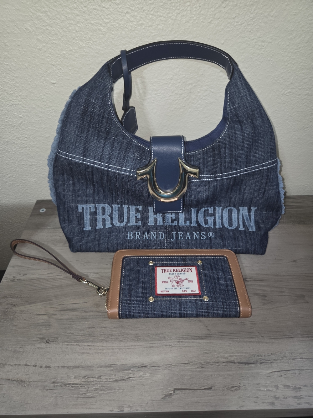 True Religion Denim Shoulder Hobo Bag with Tan Trim and Wallet - Picture 1 of 5